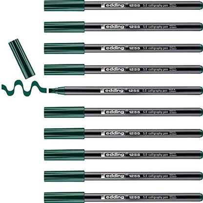 edding 1255 Calligraphy Pen - bottlegreen - Box of 10 - Calligraphy Nib 5 mm - Fibre Pen for Paper, Wood, Terracotta, Canvas - Hand Lettering, Bullet journals, Thank You Cards, Calligraphy Books - color: 14: 10 Pens - Bottle green
