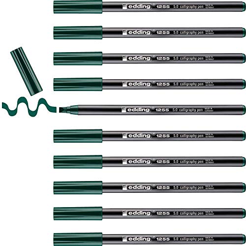 edding 1255 Calligraphy Pen - bottlegreen - Box of 10 - Calligraphy Nib 5 mm - Fibre Pen for Paper, Wood, Terracotta, Canvas - Hand Lettering, Bullet journals, Thank You Cards, Calligraphy Books - color: 14: 10 Pens - Bottle green