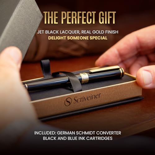 Scriveiner Luxury Fountain Pen - Stunning Black Lacquer Pen, Real Gold Finish, Schmidt Gilded Nib (Broad), Converter, Best Pen Gift Set for Men & Women, Professional, Executive, Office, Nice Pens - color: 1. Black with Gold, style: Broad Nib