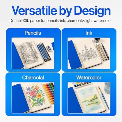 Leda Art Supply Aegean A5 Sketchbook, 160 Pages, Smooth Cream Drawing Paper, Lay-Flat Softcover with Thread-Sewn Binding, Elastic Strap & Back Pocket (5.8 x 8.3 in) - size: Medium Blue