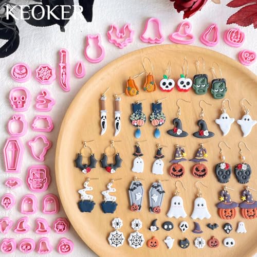 Keoker Halloween Polymer Clay Cutters, Polymer Clay Cutters Halloween, 30 Shapes Halloween Clay Cutters for Earrings, Pumpkin Clay Cutters for Polymer Clay Jewelry, Mini Clay Cutters - color: ALL 2