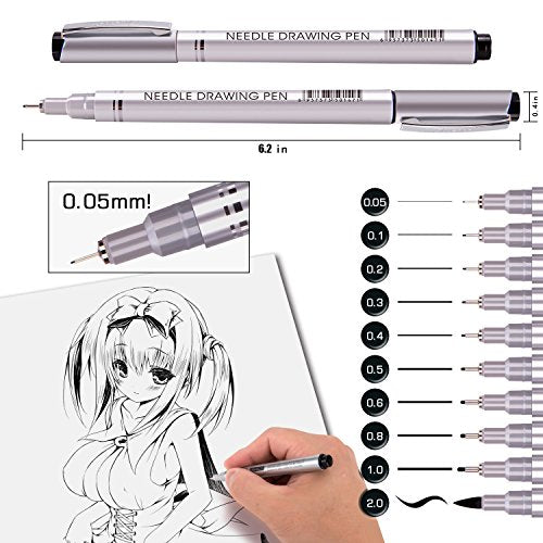 Precision Micro-Line Pens, Fineliner, Multiliner, Waterproof Archival ink, Artist Illustration, Anime, Sketching, Technical Drawing, Office Documents & Scrapbooking, Manga Pens Writing, 10/Set(Black)