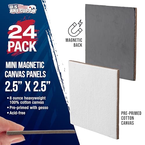 U.S. Art Supply Mini Magnetic Canvas Panels, 24 Pack, 2.5x2.5 Inch, Primed 8 Ounce Heavyweight Cotton, Small Canvases for Painting Acrylic and Watercolor, White Square Flat Canvas Boards - size: 2.5" x 2.5"