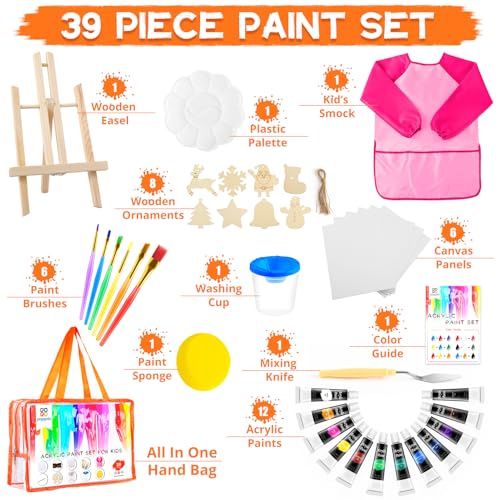 POPYOLA Acrylic Paint Set for Kids, Non Toxic Kids Painting Set with Tabletop Easel, Acrylic Paints, Smock, Canvases, Wooden Stencils, Brushes, Painting Kit Gift for Beginner Student Toddlers - color: Pink