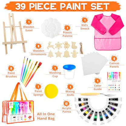 POPYOLA Acrylic Paint Set for Kids, Non Toxic Kids Painting Set with Tabletop Easel, Acrylic Paints, Smock, Canvases, Wooden Stencils, Brushes, Painting Kit Gift for Beginner Student Toddlers - color: Pink