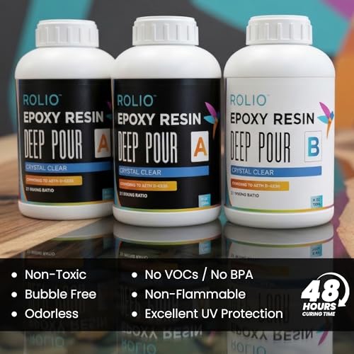 Rolio Deep Pour Epoxy Resin 51 Oz Crystal Clear - Easy to Mix Self Leveling Kit 2:1 Ratio Fast Cure Ideal for River Table, Wood, Casting, Preservations, Jewelry, Art Crafts DIY Projects - size: 51 oz