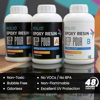 Rolio Deep Pour Epoxy Resin 51 Oz Crystal Clear - Easy to Mix Self Leveling Kit 2:1 Ratio Fast Cure Ideal for River Table, Wood, Casting, Preservations, Jewelry, Art Crafts DIY Projects - size: 51 oz