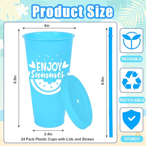 JarThenaAMCS 24 Pcs Summer Plastic Cups with Straw Lid 24 oz Cold Cups 6 Design Colorful Beach Party Plastic Tumbler for Summer Pool Party Home Office Supplies