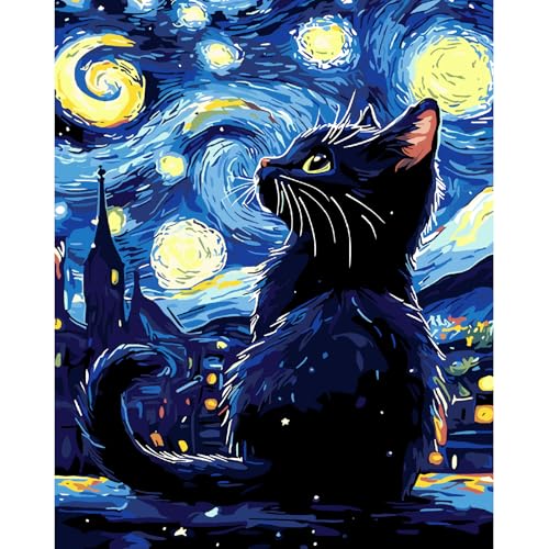 AALBLAC Black Cat Paint by Numbers Kit for Adults Beginners, Cat Adult Paint by Number Kits on Canvas, DIY Acrylic Starry Night Oil Painting for Home Wall Decor 16x20 Inch - color: Black Cat-40X50