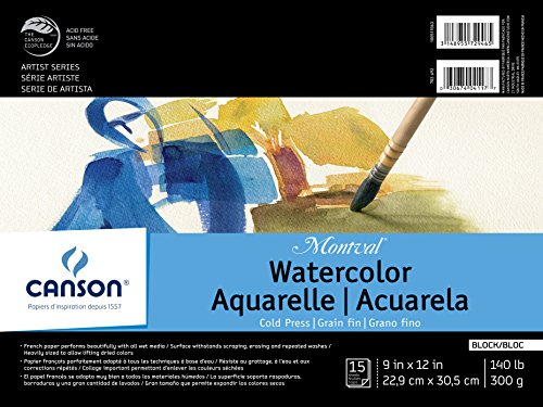 Canson Artist Series Montval Watercolor Paper, Fold Over Block, 9x12 inches, 15 Sheets (140lb/300g) - Artist Paper for Adults and Students - Watercolors, Mixed Media, Markers and Art Journaling - size: 9"X12"