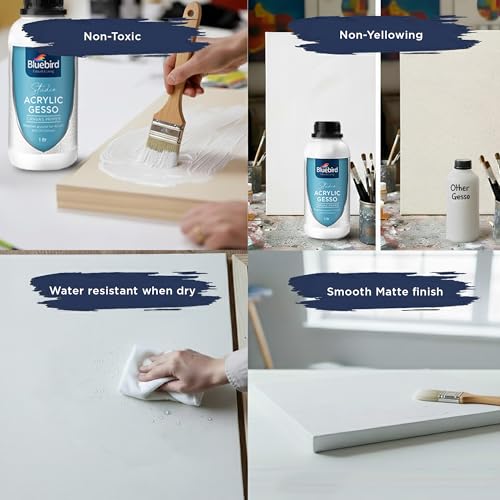 BLUEBIRD Studio Acrylic Gesso - Liquid Gesso Primer for Arylic Painting, Surface Prep Medium (White, 33.8 Fl Oz) - color: White, size: 33.8 Fl Oz (Pack of 1)