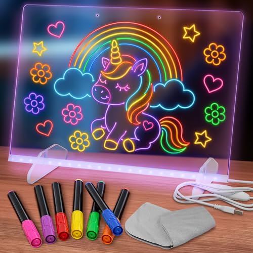 LED Drawing Board with 7 Colors & 4 Light Modes, Non-Rechargeable - 17 Inch Acrylic LED Note Board with Colors Markers for Notes, Doodles & Desk Decor - Dimmable, Wall or Desk Mount, Birthday Gift Set - color: Clear