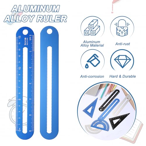 HARFINGTON 8pcs Triangular Ruler Set 15cm/6" Aluminum Alloy Straight Geometric Protractor Triangle Engineering Scale Drafting Ruler Kit Measuring Drawing Tool for Classroom Office Home, Blue - color: Blue