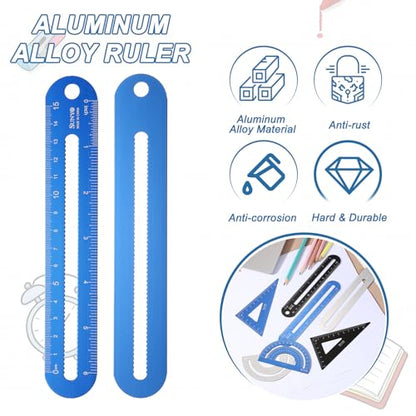 HARFINGTON 8pcs Triangular Ruler Set 15cm/6" Aluminum Alloy Straight Geometric Protractor Triangle Engineering Scale Drafting Ruler Kit Measuring Drawing Tool for Classroom Office Home, Blue - color: Blue