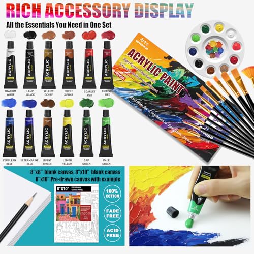 4 Pack Painting Set for Couples or Family Groups, 124 PCS Paint Set with 4 Table Easels,48 Acrylic Paints,12 Pre-Drawn & Blank Canvases for Painting,48 Brushes,4 Pencils,4 Palettes and Painting Guides