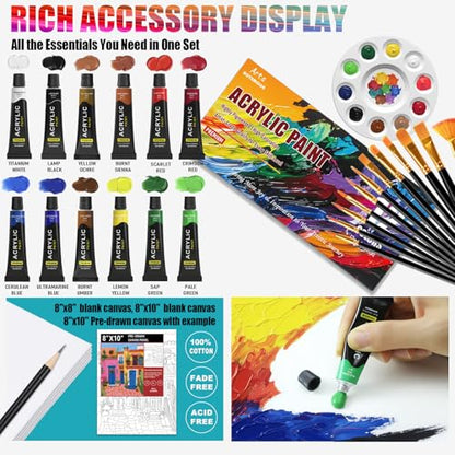 4 Pack Painting Set for Couples or Family Groups, 124 PCS Paint Set with 4 Table Easels,48 Acrylic Paints,12 Pre-Drawn & Blank Canvases for Painting,48 Brushes,4 Pencils,4 Palettes and Painting Guides