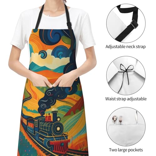 KKdskkds Tribal Boho Geometric Multi-Purpose Adjustable Waterproof Apron With Pocket For Men Women - color: Train Passing Through Colorful Fields