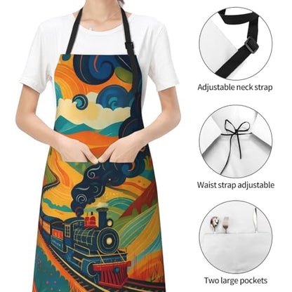 KKdskkds Tribal Boho Geometric Multi-Purpose Adjustable Waterproof Apron With Pocket For Men Women - color: Train Passing Through Colorful Fields
