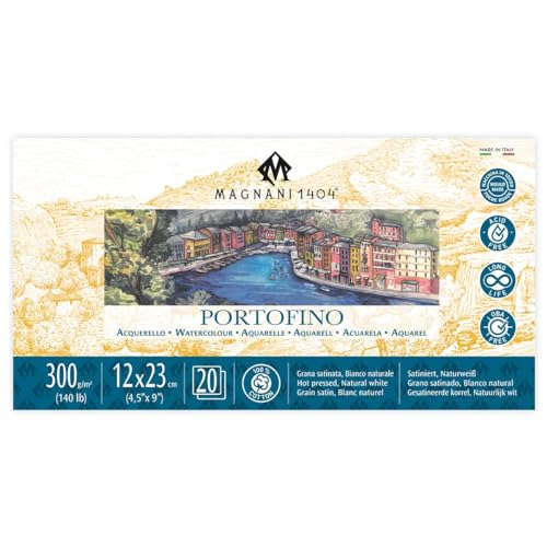 Magnani 1404 Portofino Hot Press 100% Cotton Watercolor Paper Pad, 20 Sheets, 4.5x9, 140 lb, Acid-Free, UV Resistant, pH-Neutral, Vegan Sized Water Color Paper for Artists, Made in Italy - size: 4.5x9" Pad