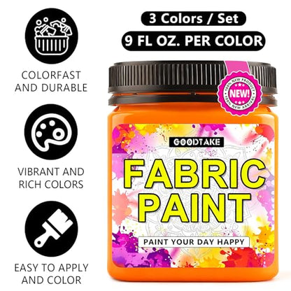 GOODTAKE Fabric Paint Set of 3 Colors - Pink, Orange, Sky Blue - 250ml (9 Fl Oz) Each - Permanent Acrylic Paint for Fabric & Clothes - for DIY T-Shirts, Jeans and Textile Art Projects