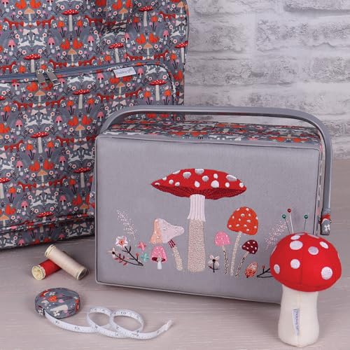 Hobby Gift Medium Sewing Box Organiser, Fabric Covered Storage Box with Handle, Internal Tray, Pin Cushion and Pocket for Sewing, Quilting and Knitting Supplies - color: Toadstool