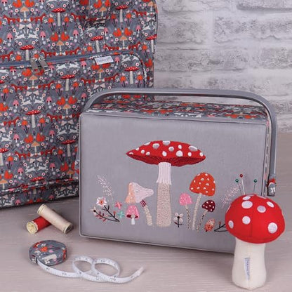 Hobby Gift Medium Sewing Box Organiser, Fabric Covered Storage Box with Handle, Internal Tray, Pin Cushion and Pocket for Sewing, Quilting and Knitting Supplies - color: Toadstool