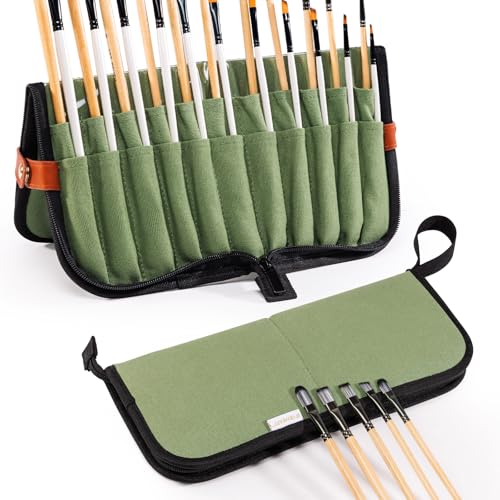 Stand Up Canvas Paint Brush Holder Case for Artists, 22 Slots Brush Organizer with Pop-Up Stand, Zippered Travel Paint Brush Storage Bag for Acrylic Oil Watercolor Brushes, Portable Paintbrush Case - color: Green, size: Large 6*13.5"