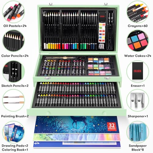 iBayam Art Supplies, 150-Pack Deluxe Wooden Art Set Crafts Drawing Painting Kit with 1 Coloring Book, 2 Sketch Pads, Creative Gift Box for Adults Artist Beginners Kids Girls Boys - color: Macaron green