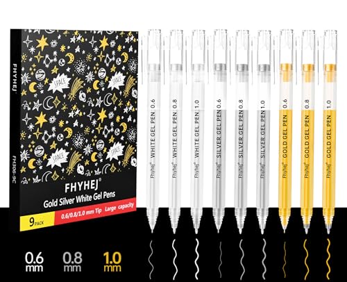 9-Pack Metallic & White Gel Pens - 0.6/0.8/1.0mm Precision Tips, Opaque Archival Ink Pen for Art, Drawing, Card Making & Black Paper Crafts (Gold, Silver, White) - color: Gold Silver White, size: 0.6/0.8/1.0 mm