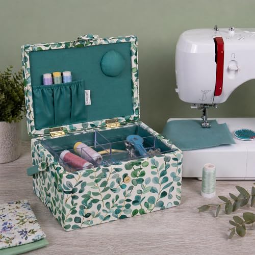 Hobby Gift Medium Sewing Box Organiser, Fabric Covered Storage Box with Handle, Internal Tray, Pin Cushion and Pocket for Sewing, Quilting and Knitting Supplies - color: Eucalyptus