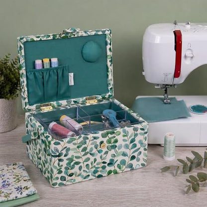Hobby Gift Medium Sewing Box Organiser, Fabric Covered Storage Box with Handle, Internal Tray, Pin Cushion and Pocket for Sewing, Quilting and Knitting Supplies - color: Eucalyptus