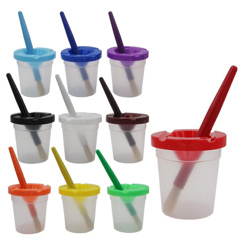 10 Piece Paint Brushes with Plastic Handles and 10 Piece Wash Cup with Colored Lids Preschool Art Supplies for Kids Art Class