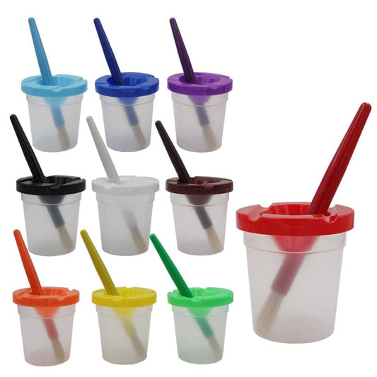 10 Piece Paint Brushes with Plastic Handles and 10 Piece Wash Cup with Colored Lids Preschool Art Supplies for Kids Art Class