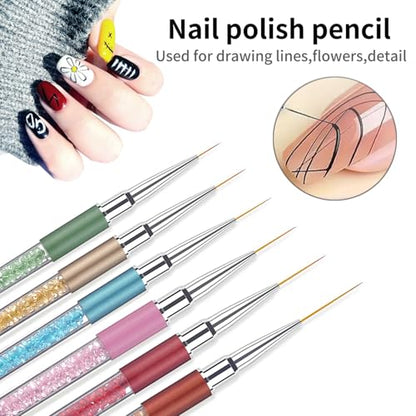 6Pcs Rhinestone Handle Ultra-Fine Nail Liner Brush Set - Professional Striping Brushes for Intricate Nail Art, Multi-Color Crystal Handle Gel Polish Liner Brushes for Salon & DIY Manicure Detailing - color: 6PCS Liner Brush