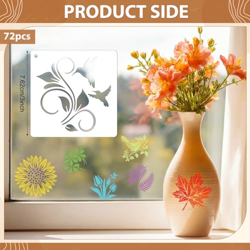 Marspark 72 Pcs Small Stencils for Crafts Reusable 3 Inch Stencils for Painting on Wood DIY Craft Paint Template for Wall Home Decor Card Rock Canvas Drawing Holiday (Flower Plants) - style: Flower Plants