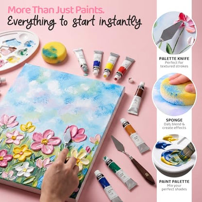 Chalkola Acrylic Paint Set for Adults & Kids - 56 Pcs Canvas Painting Kit with 32 Paints (22ml), 10 Brushes, 10 Canvases, Tabletop Easel, Palette, Knife - Professional Craft & Art Painting Supplies - size: 56 Pcs Acrylic Set