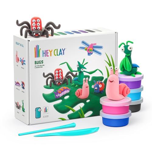 HEY CLAY Set - Colourful Modeling Air Dry Clay Kit for Kids 15 cans and Sculpting Tools with Fun Interactive Instructions App - Children 3+ (Bugs) - style: Bugs