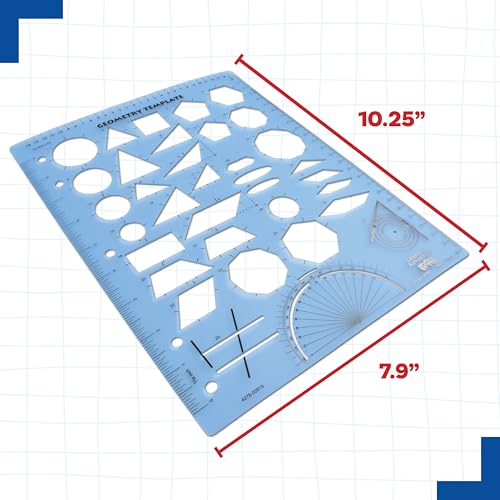 LEARNING ADVANTAGE Geometry Template | Sturdy Geometric Stencil to Draw 2D Shapes and Measure Angles | Includes Ruler and Number Line with Negative Values