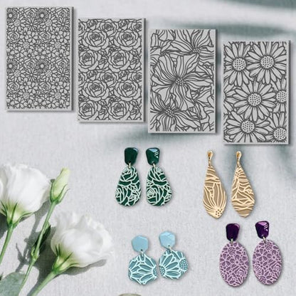 4 Sheets 4 Styles Popular Flower Backgrounds Polymer Clay Texture Mat Roses Clay Modeling Pattern Pad Daisies Texture Sheets for Making Earrings Jewerly Tools, 4×2.6 inch - style: Popular Flower