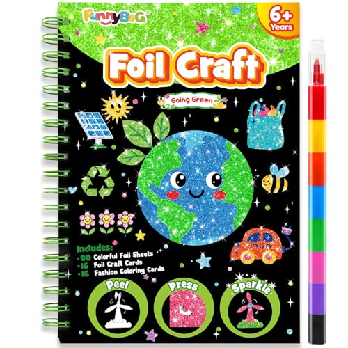 FUNNYB&G Foil Art Craft Kit for Kids 4-10 Years Old: Mess-Free & No-Glue, Create 16 Sparkly Going Green Pictures – Perfect Travel Toy & Birthday Gift for Kids (Going Green) - style: Going Green