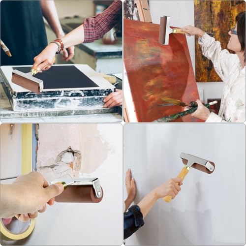 QWORK 4-Inch Soft Rubber Brayer Roller, Brown Solid Ink Roller for Anti-Skid Tape Application, Printmaking, Stamping and Crafting, Heavy Duty Manual Rolling Tool for Even Pressure