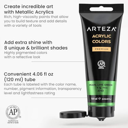 Arteza Metallic Acrylic Paint, Set of 8 Floral Brilliance Colors 4 oz Tubes, Rich Pigments, Non Fading, Non Toxic Paints for Artists & Hobby Painters - style: 8 x 120ml (4.06 fl oz) Floral Brilliance