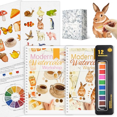 2Pcs Watercolor Workbook Beginner-Friendly Watercolor Workbooks Water Coloring Book with 12 Colors Paint Color, Beginner Watercolor Painting Kit with Step by Step for Adults Watercolor Paper - style: Autumn & Animals