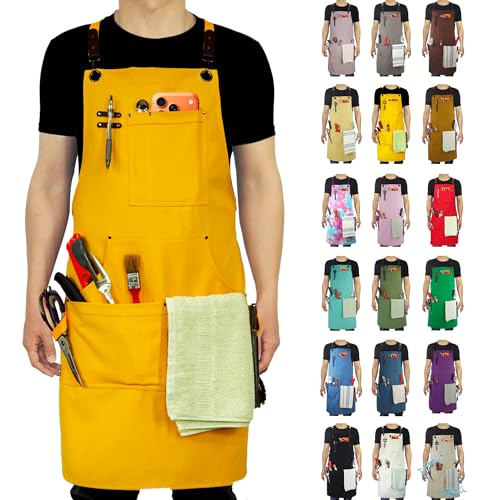 Kitchen Apron, Work Apron, Canvas, Multiple Pockets, Gardening, Painting, BBQ, Artist, Carpenter, Sizes M to XXL, Yellow - color: Yellow