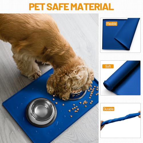Hubulk Dog Feeding Mat,100% Waterproof Food Grade Silicone Pet Food and Water Bowl Placemat,Dishwasher, High Raised Edge to Prevent Spills,Nonslip Tray to Stop Messes on Floor (19"x12"x0.5", Navy) - color: Navy, size: 19"l X 12"w