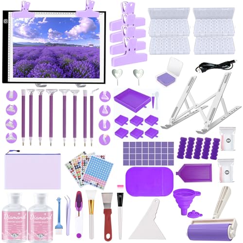 DNSGOOR 244Pcs All Inclusive Diamond Art Accessories Kit Diamond Painting A3 LED Light Pad Set with Diamond Art Sealer Glue Stand Storage Case Pens 5D Painting Tools for DIY Drill Craft - color: Purple, size: A3