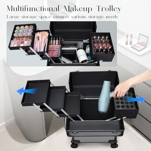 Rolling Makeup Case, Cosmetology Case on Wheels Professional Vanity Case with Trays for Women Large Travel Makeup Box Organizer Trolley with Key, Ashy Grey - color: Urban Black