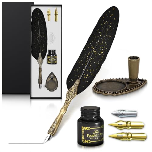 Black Feather Quill Pen and Ink Set – Feather Pen and Ink Set with Stainless Steel Nib & Stand for Practice, Drawing, Signatures & Vintage Decor – Designed for Calligraphy Beginners, Authors & Writers - color: Black