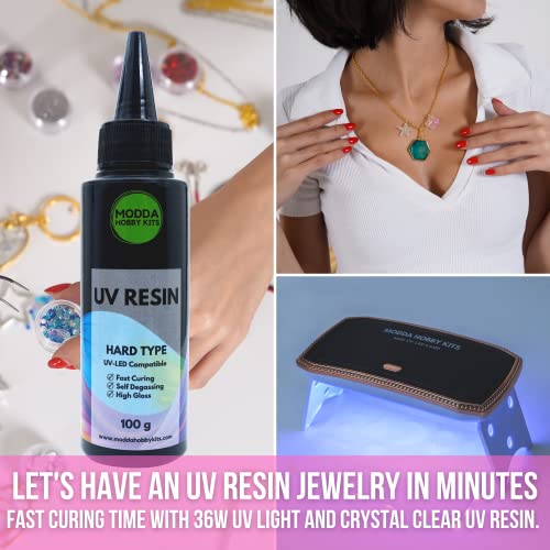 MODDA UV Resin Jewelry Making Kit, UV Lamp & Video Course Included, DIY Resin Kit for Adults, Teen Girls, Beginners with Molds, Glitters & Accessories - color: UV RESIN -JEWELRY MAKING KIT