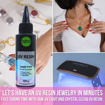 MODDA UV Resin Jewelry Making Kit, UV Lamp & Video Course Included, DIY Resin Kit for Adults, Teen Girls, Beginners with Molds, Glitters & Accessories - color: UV RESIN -JEWELRY MAKING KIT